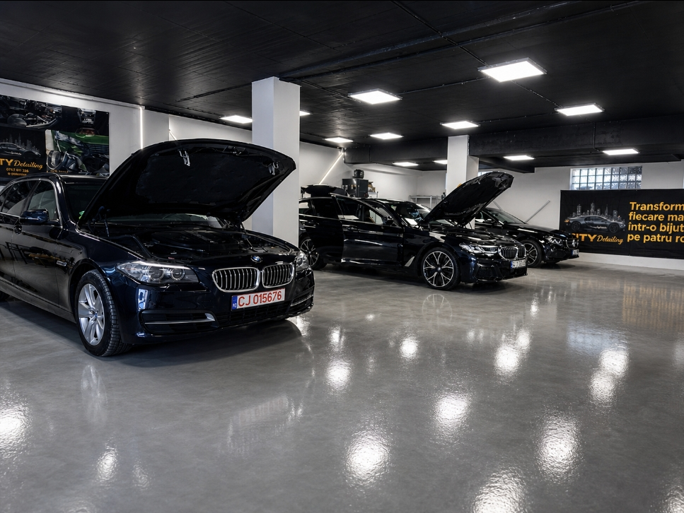 Mașini în atelierul City Detailing din Cluj-Napoca, cu podea gri închis