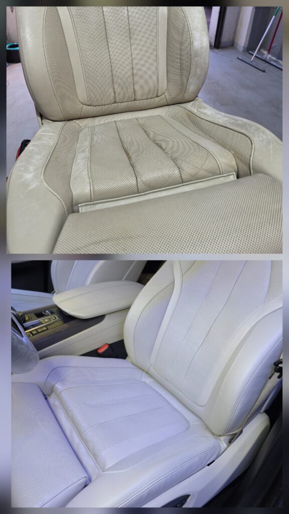 Comparație înainte și după recondiționarea unui scaun auto din piele crem la City Detailing